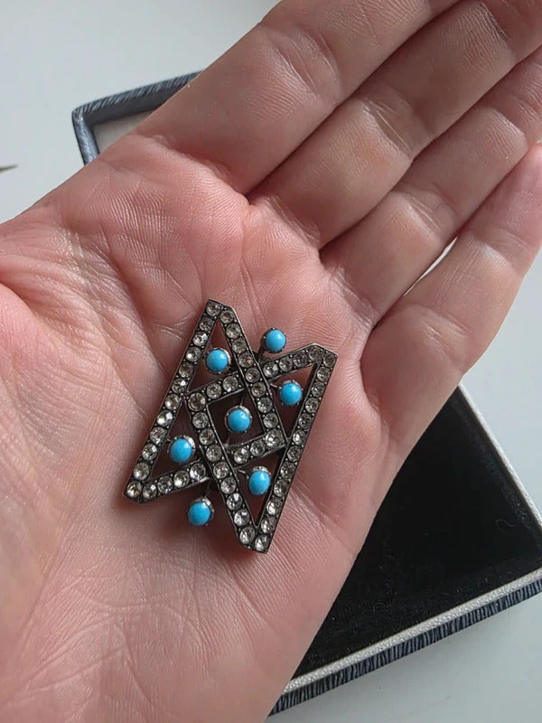 Antique Victorian Turquoise & Paste Brooch Antique Geometric Silver-Tone Pin