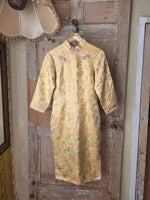 Load image into Gallery viewer, Vintage 1950s Silk Cheongsam Dress | Gold Floral Brocade | Mandarin Collar | Wiggle Dress | UK 6/8
