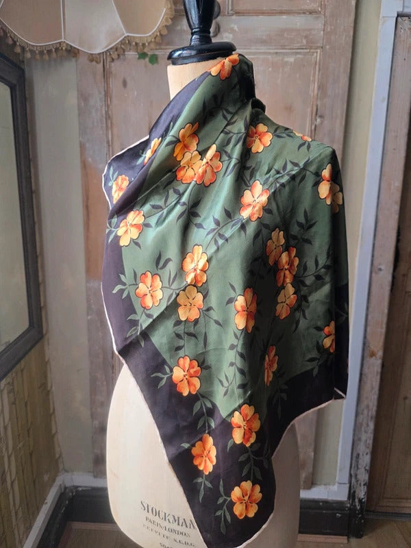 Vintage Silk Floral Scarf - Green & Orange Blossom Print