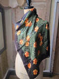 Vintage Silk Floral Scarf - Green & Orange Blossom Print