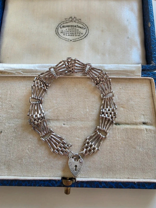 Vintage Sterling Silver Gate Charm Bracelet with Heart Padlock Clasp