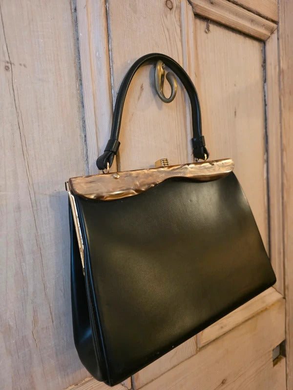 Vintage 1950s Black Handbag with Lucite Detail & Gold-Tone Clasp Classic Mid-Century Style