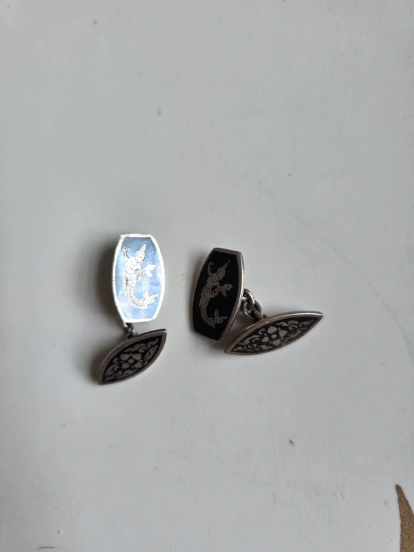 1930s Vintage Siam Silver Niello Cufflinks with Mythical Figure