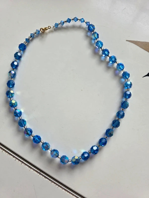 Vintage 1950s Blue Faceted Glass Bead Necklace