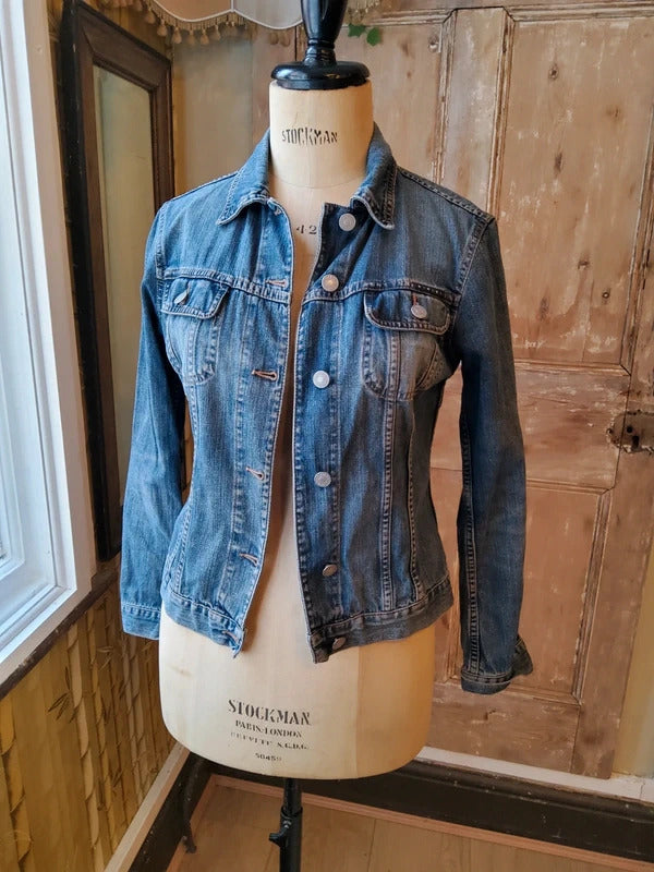 Vintage Y2K Sisley Denim Jacket Fitted Trucker Mid Wash Blue | UK8