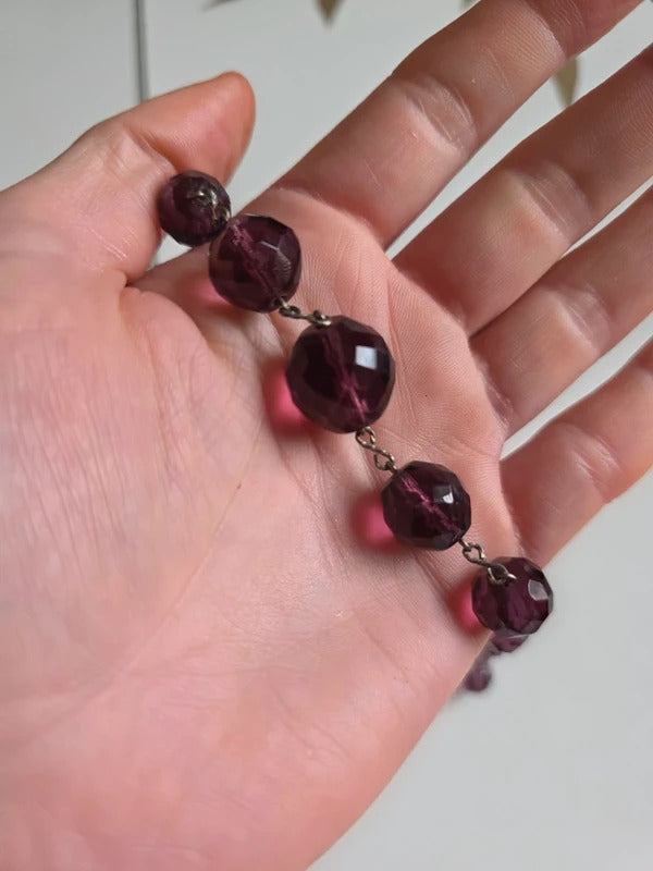 Vintage 1930s Art Deco Czech Purple Faceted Glass Necklace with Brass Closure