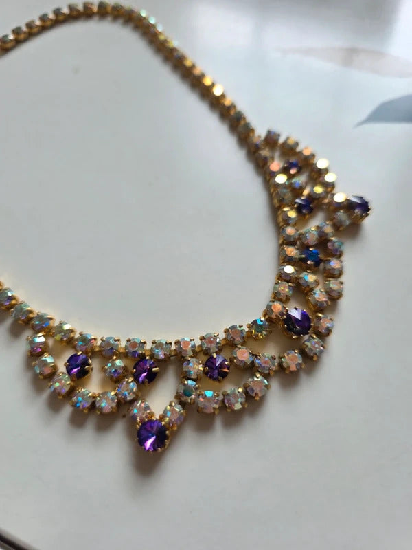 Vintage 1950s Aurora Borealis & Purple Rhinestone Necklace