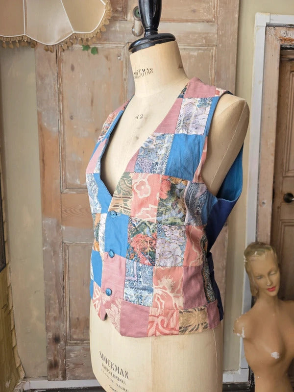 Vintage 1990s Patchwork Tapestry Waistcoat Boho Uk12