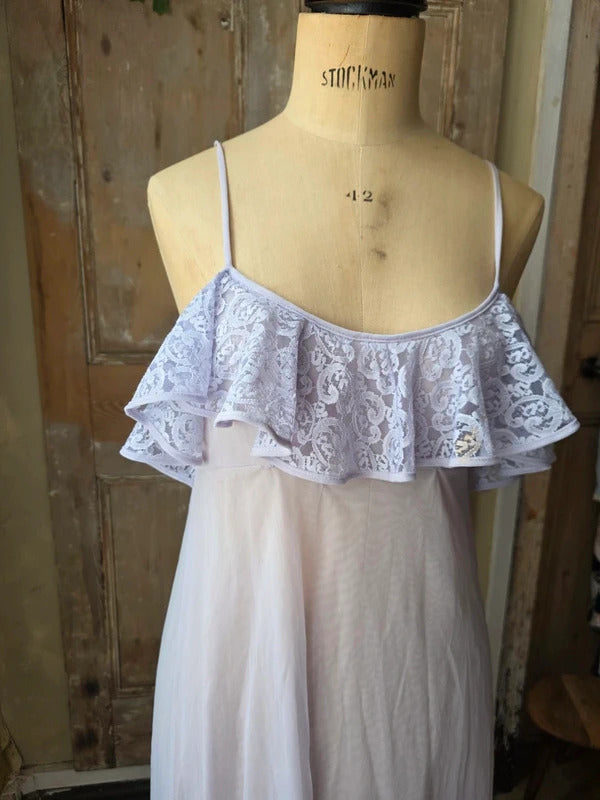 Lilac Maxi Nightgown Vintage 1970s Sheer Nylon with Lace Ruffle
