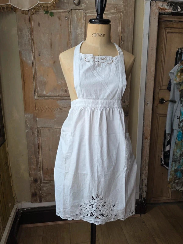 Antique 1920s White Cotton and Lace Apron Pinafore