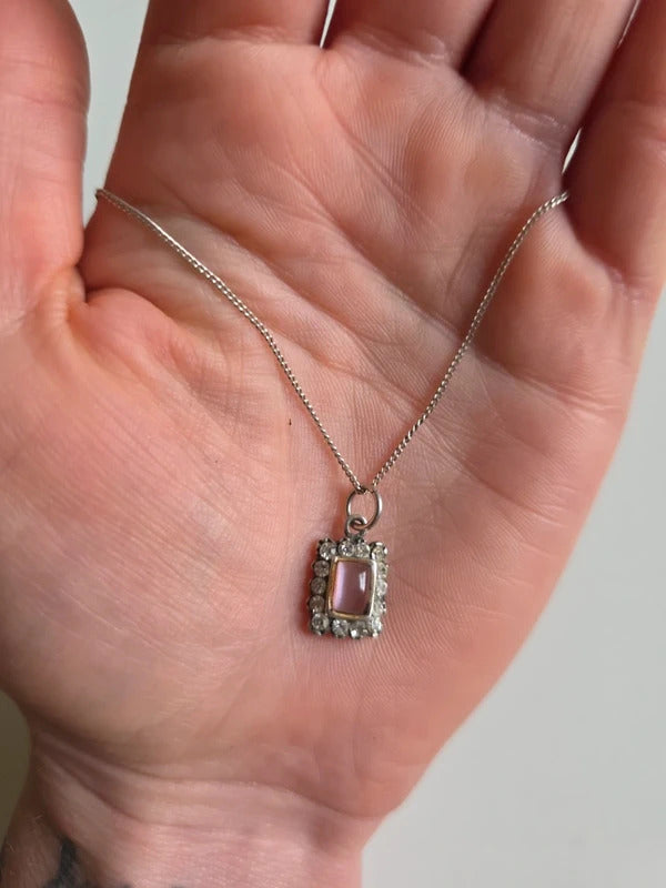 Original Art Deco Pink Glass & Rhinestone Pendant Necklace