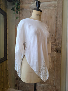 Vintage Upcycled Linen Fairy Top – Handmade Boho Blouse, Open Size, Lace Detail
