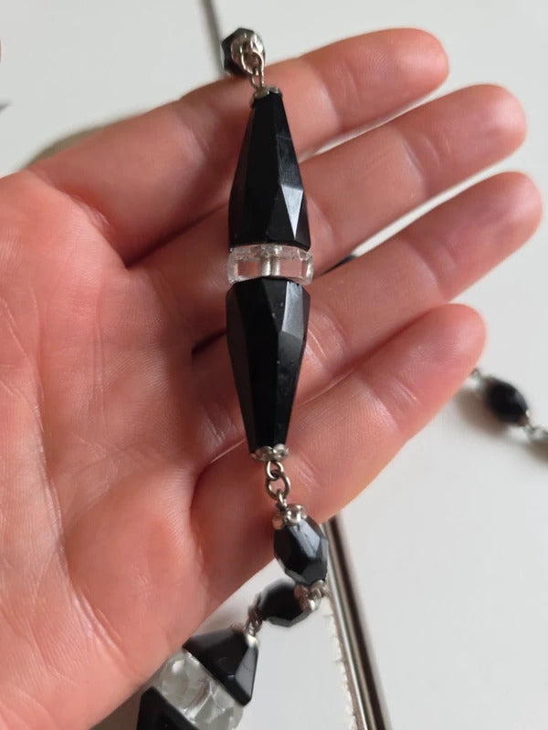 Art Deco Cut Glass Necklace – Black & Clear Long Flapper Style