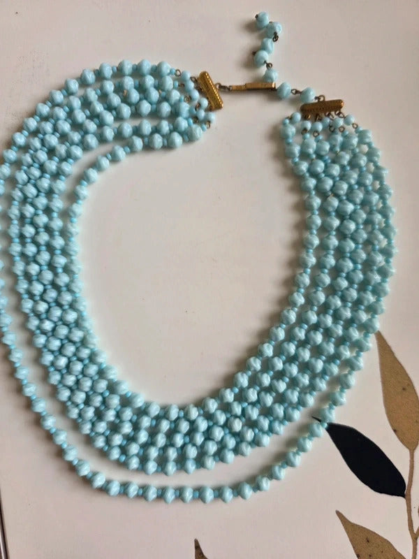 Vintage 1950s Czech Blue Milk Glass Multi Strand Necklace