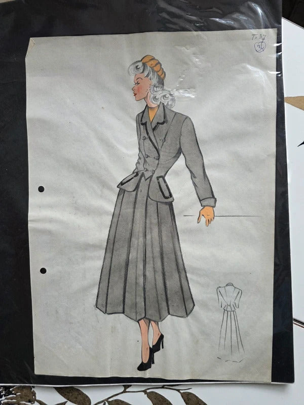 Pair of Original 1940s French Fashion Sketches (x2)