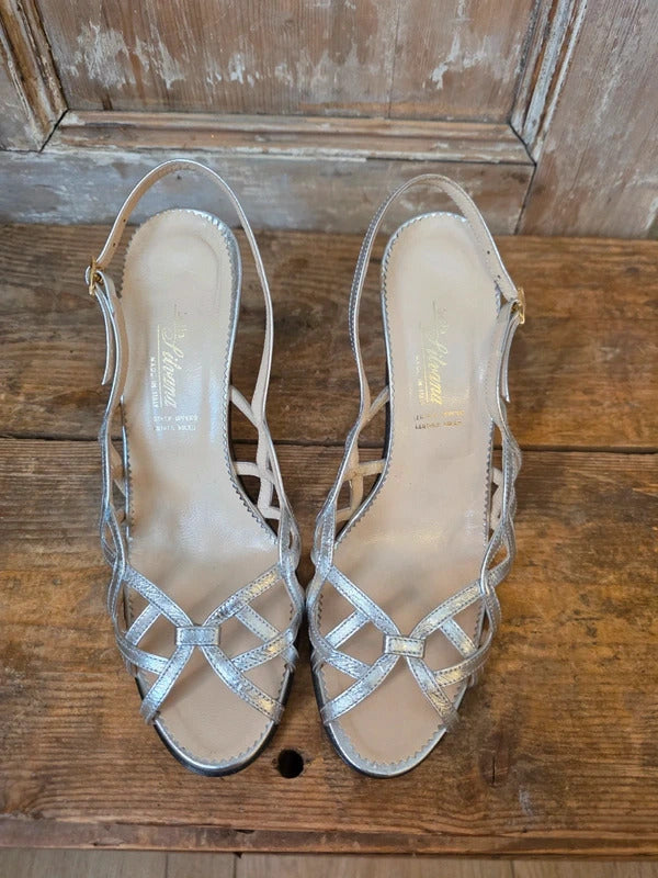 Vintage 60s Italian Silver Lamé Leather Sling Back Heels UK 4 Deadstock