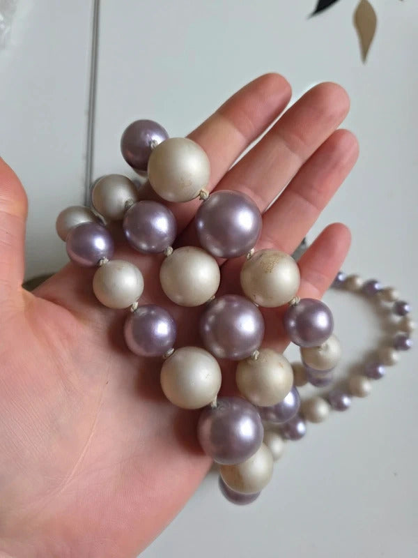 Vintage Late 1950s Faux Pearl Triple Strand Necklace – Lilac & Ivory Collier