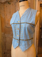 Load image into Gallery viewer, Vintage 1990s Gin Rummy fitted western Gold-Embellished Denim Waistcoat  UK 8
