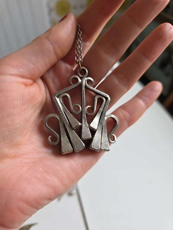 Vintage 1970s  Brutalist Silver Tone Pendant Necklace