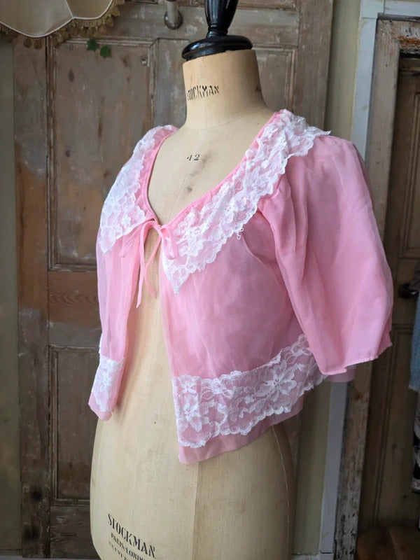 Vintage 1960s White Lace Collar & Trim Pink Nylon Bed Jacket