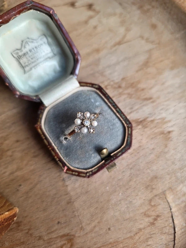 Antique Edwardian 9ct Gold Diamond Pearl Cross Ring Circa 1901-1914 Size Q