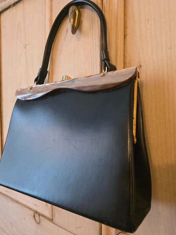 Vintage 1950s Black Handbag with Lucite Detail & Gold-Tone Clasp Classic Mid-Century Style
