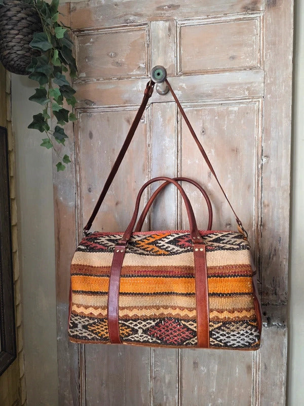 New Handmade Wool Leather Travel Bag Kilim Weekender Overnight Holdall