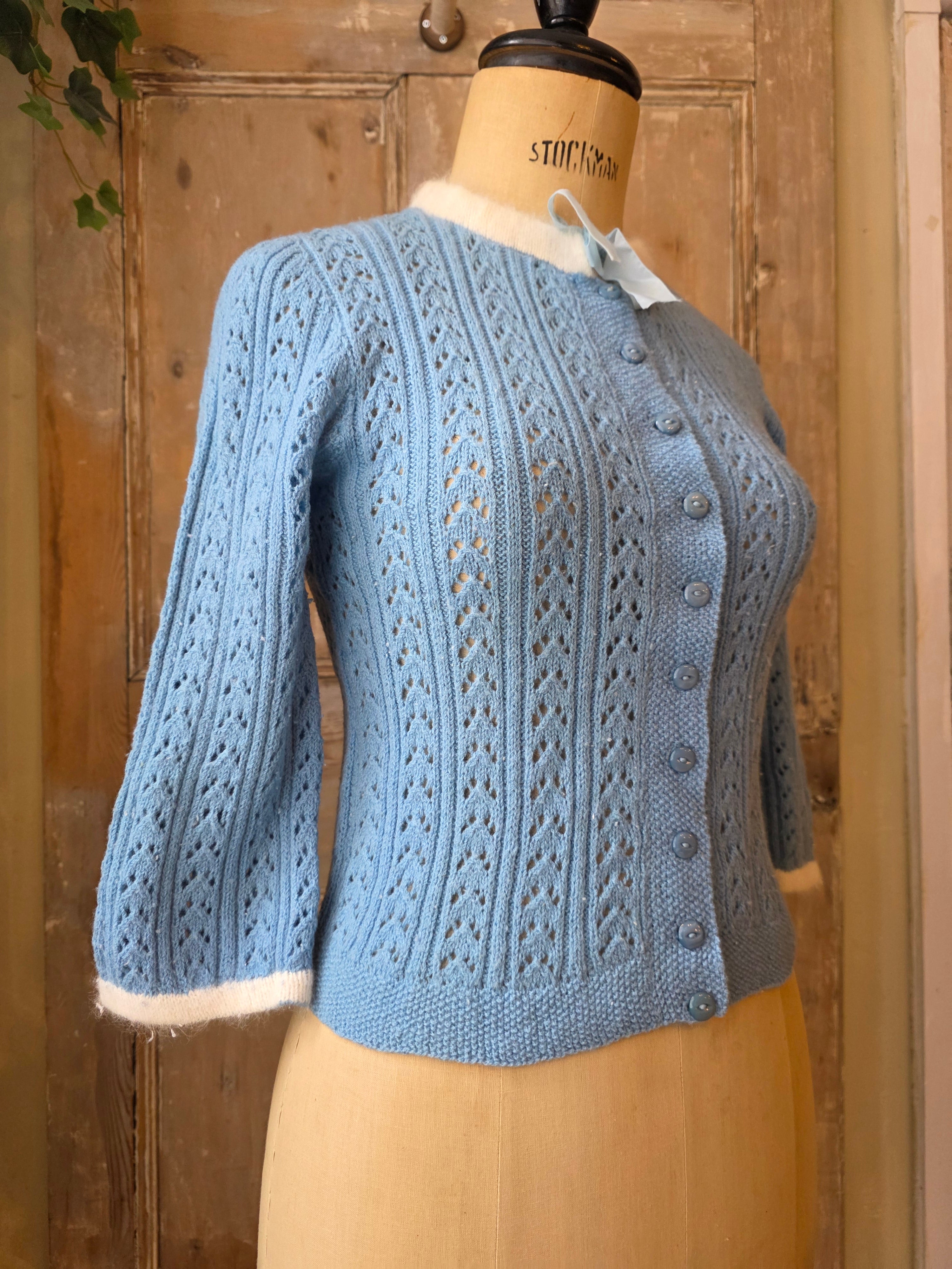 Vintage 1950s Hand-Knitted Powder Blue Cardigan with White Trim – UK 10/12