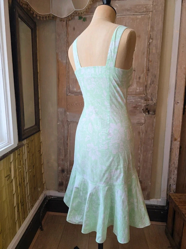 Vintage Y2K Mint Green Floral Buckle-Strap Midi Dress UK8
