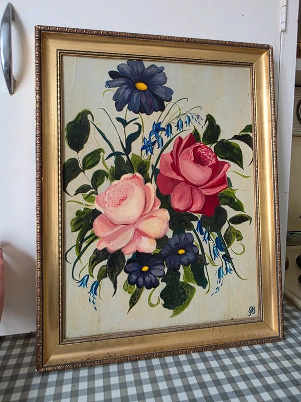 Vintage mid-century century floral oil on board painting