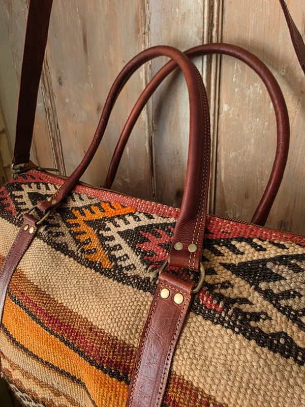 New Handmade Wool Leather Travel Bag Kilim Weekender Overnight Holdall