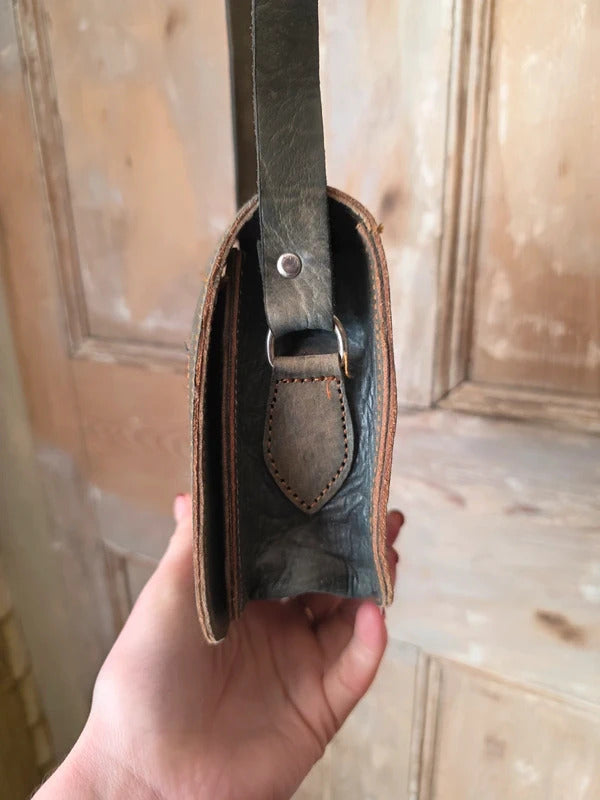 Handmade Grey Leather Shoulder Bag Hide Panel Rustic Boho Crossbody