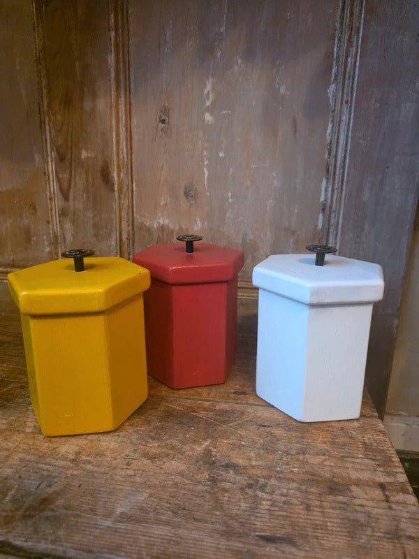 Vintage Mid Century 1950s 1960s Handmade Wooden Kitchen Canisters – Colourful Storage Jars Set
