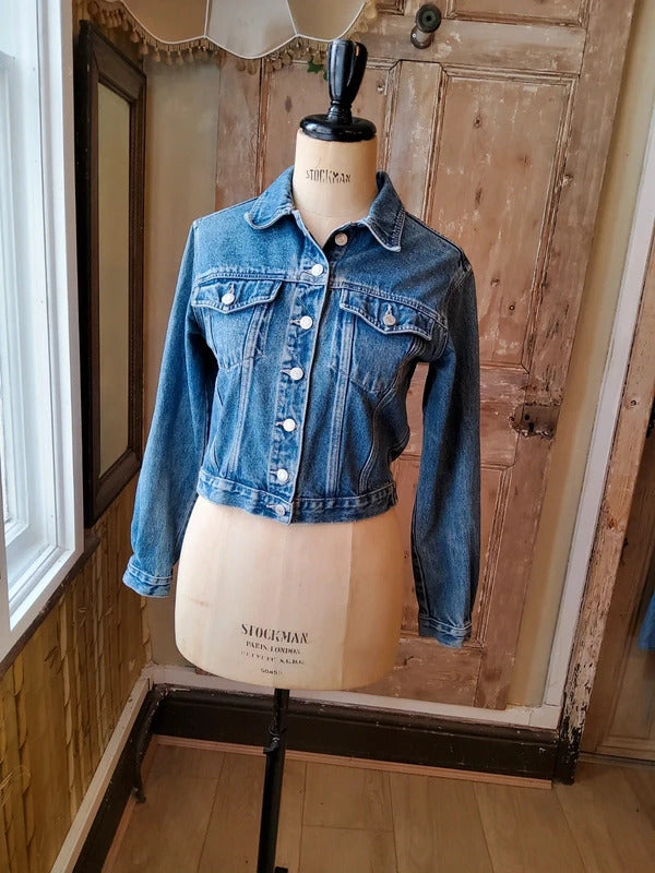 Vintage Y2K Cropped Denim Jacket Green Jeans Streetwear Mid Wash Blue Size S