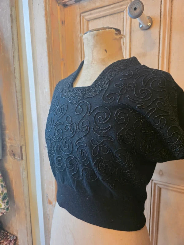 Vintage 1940s CC41 Black Beaded Sweater – Utility Label, Embellished Knit Top