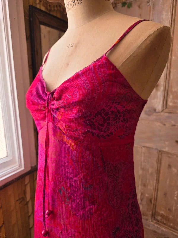 Vintage Y2K fairycore Pink Paisley Slip Dress | Sheer Fairycore Midi | Boho Festival Dress | UK 8