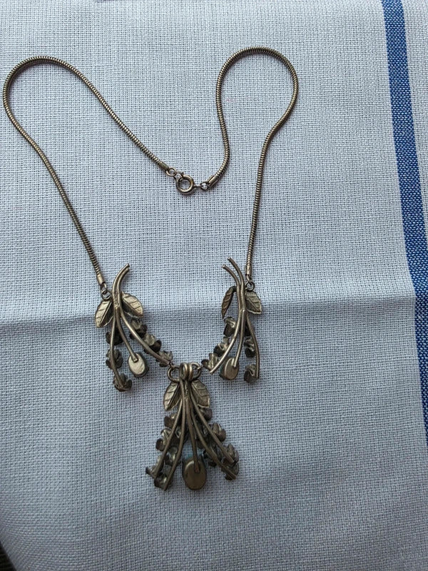 Vintage Mid Century Silver Tone Floral Necklace with Turquoise Blue Drops