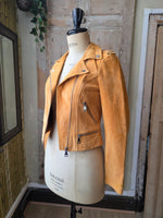 Load image into Gallery viewer, Vintage Y2K fitted orange leather jacket - bomber - uk6 Vero moda
