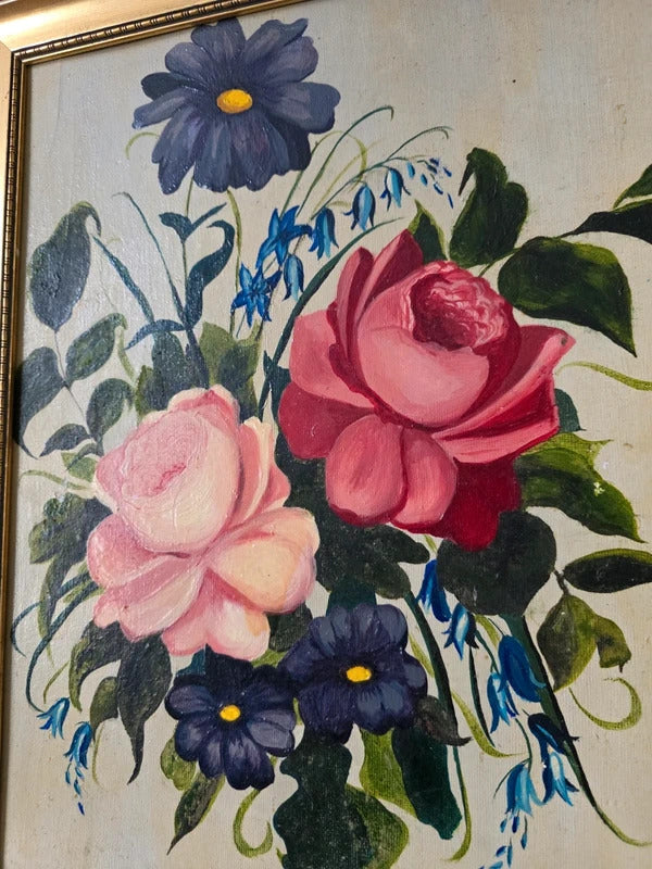 Vintage mid-century century floral oil on board painting