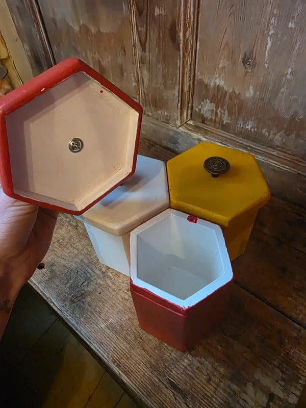 Vintage Mid Century 1950s 1960s Handmade Wooden Kitchen Canisters – Colourful Storage Jars Set