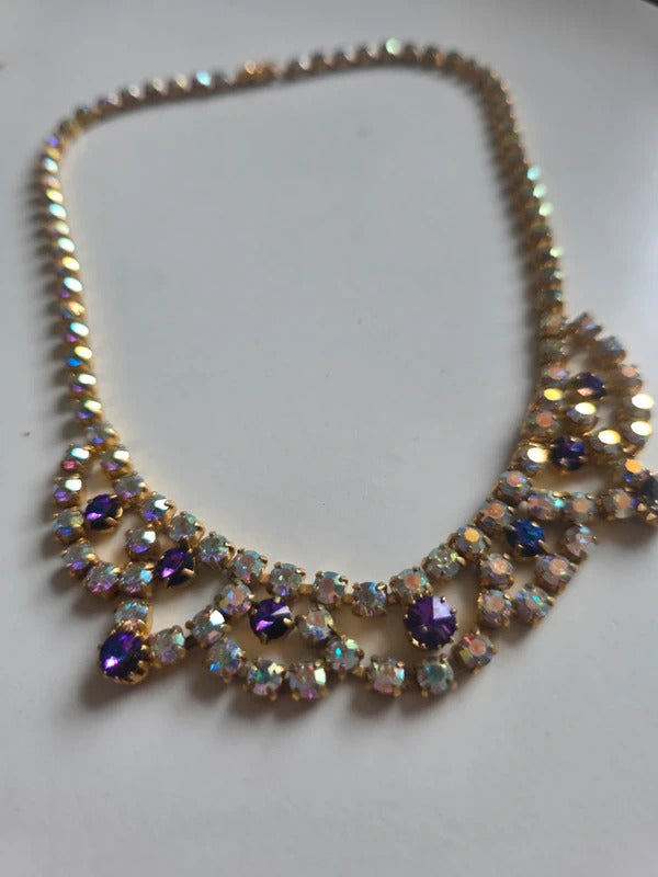 Vintage 1950s Aurora Borealis & Purple Rhinestone Necklace