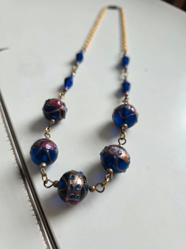 Vintage Lampwork Glass Necklace – Wedding Cake Beads Blue & Gold