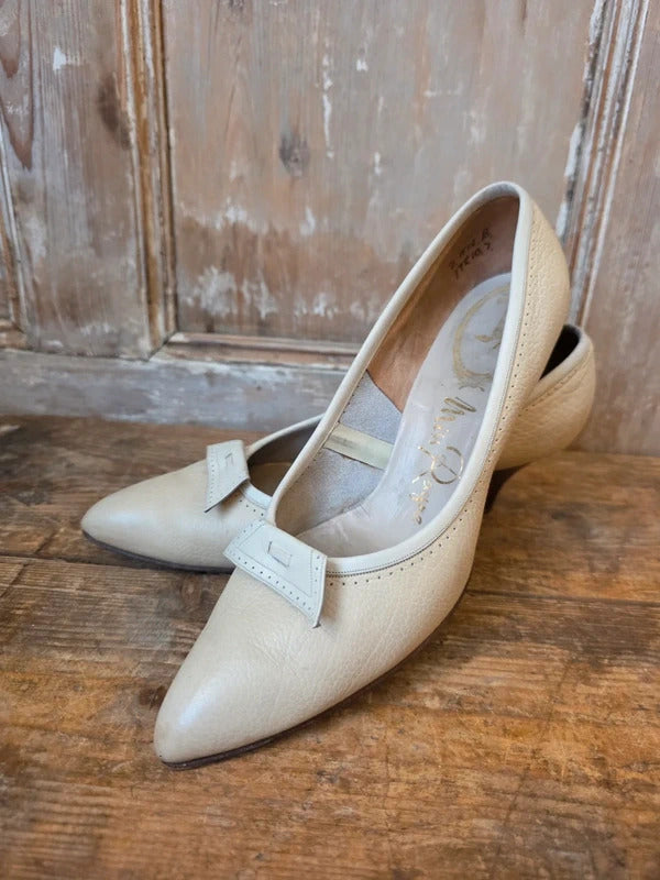 Vintage 1950s Miss Rayne Cream Kitten Heels Pointed Toe Leather Bridal UK 4