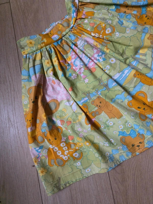 Vintage Handmade Novelty Print Cotton Skater Skirt | Teddy Bear Picnic | Upcycled | UK 8–10