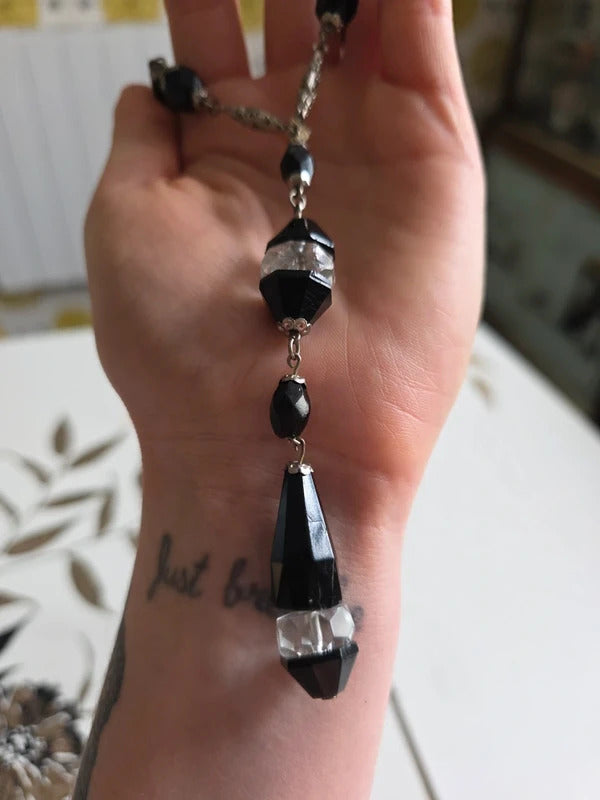 Art Deco Cut Glass Necklace – Black & Clear Long Flapper Style