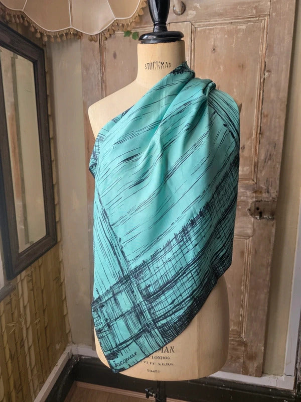 Vintage Silk Jacqmar Blue Scarf - Turquoise Crosshatch Print