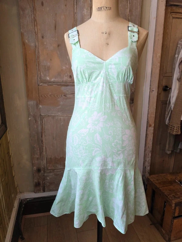 Vintage Y2K Mint Green Floral Buckle-Strap Midi Dress UK8