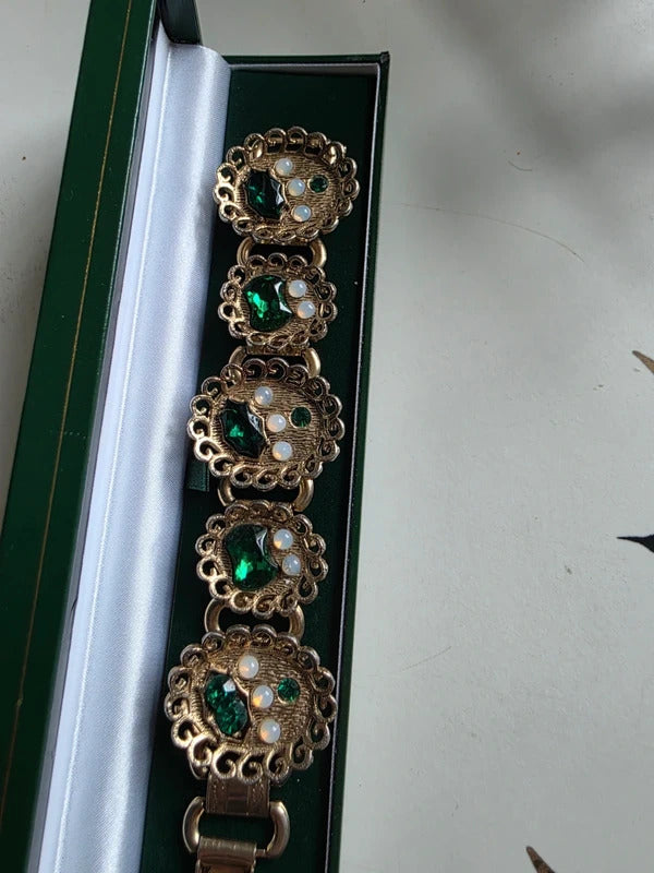 Vintage 1950s Gold-Tone Costume Bracelet with Green & Opaline Stones