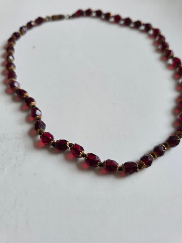 Vintage 1930s Cherry Red Faceted Glass Bead Necklace
