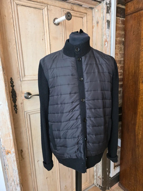 Holland Esquire Quilted Knit Jacket – Black Hybrid Zip & Button Cardigan – Size L